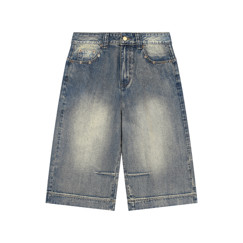 Vintage wash blue baggy denim shorts, front view, unisex fit - Ekkeka
